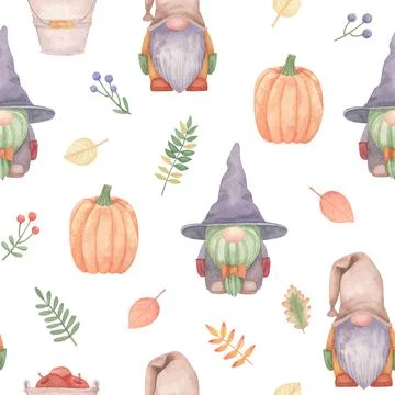 Autumn seamless pattern with cute gnomes. Illustration with fall leaves pumpkin Stock Illustration