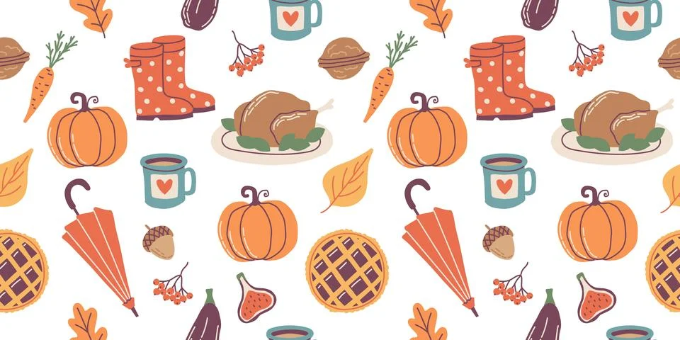 Autumn seamless pattern, cute hand drawn seasonal objects. Vector illustration Stock Illustration