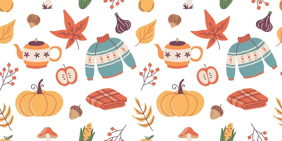 Autumn seamless pattern, cute hand drawn seasonal objects. Vector illustration Stock Illustration