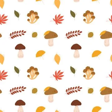 Autumn seamless pattern with cute hand drawn mushrooms Stock Illustration