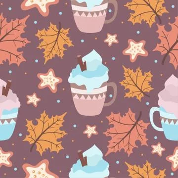 Autumn seamless pattern with cute mugs, cookies and leaves. Fall season print Stock Illustration