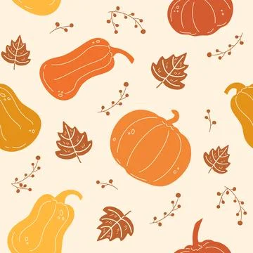 Autumn seamless pattern design with hand drawn pumpkins, leaves and berries Stock Illustration