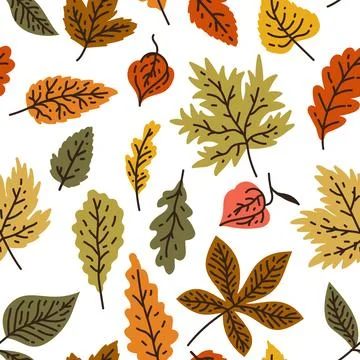 Autumn seamless pattern with different leaves and plants, seasonal colors Stock Illustration