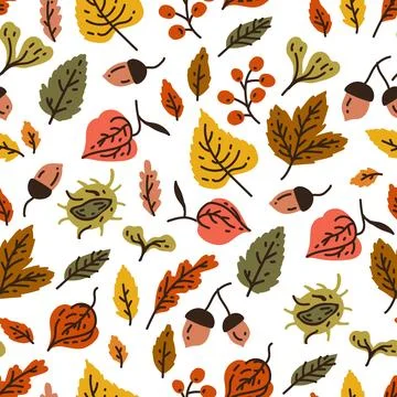 Autumn seamless pattern with different leaves and plants, seasonal colors Stock Illustration