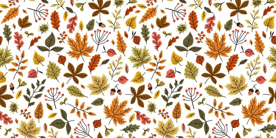 Autumn seamless pattern with different leaves and plants, seasonal colors Stock Illustration