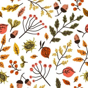 Autumn seamless pattern with different leaves and plants, seasonal colors Illustrazione stock
