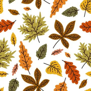 Autumn seamless pattern with different leaves and plants, seasonal colors Stock Illustration
