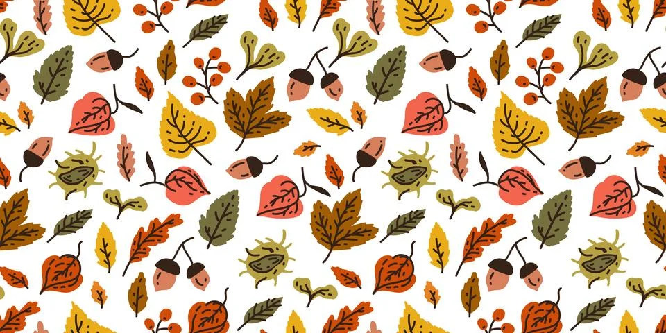 Autumn seamless pattern with different leaves and plants, seasonal colors Illustrazione stock