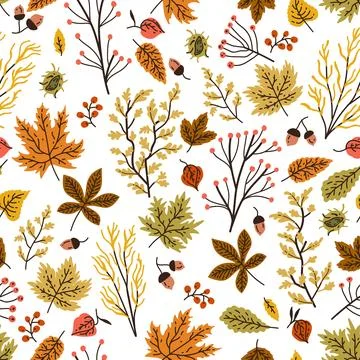 Autumn seamless pattern with different leaves and plants, seasonal colors Illustrazione stock