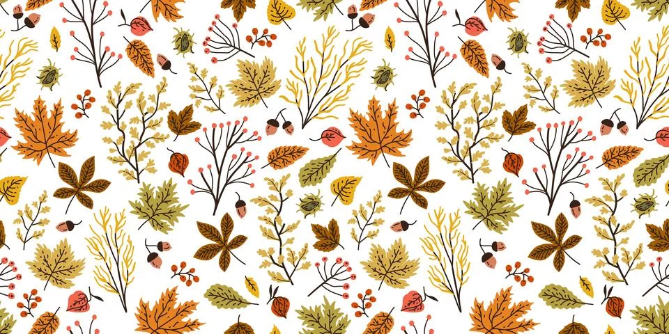 Autumn seamless pattern with different leaves and plants, seasonal colors Stock Illustration