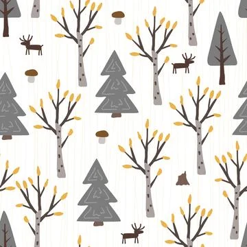 Autumn seamless pattern with doodle hand drawn birch and fir trees forest and Stock Illustration