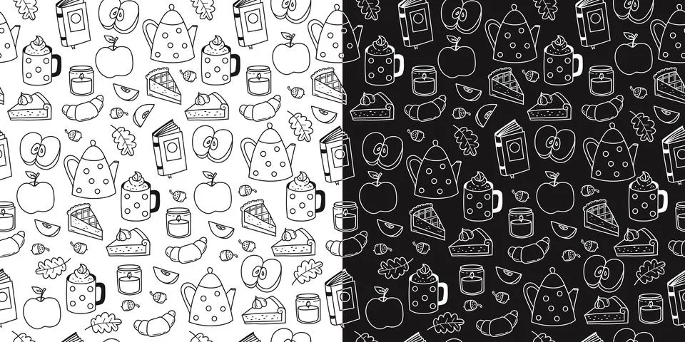 Autumn Seamless Pattern Doodle Set. Outline Cozy Fall with Teapot, Coffee M.. Stock Illustration