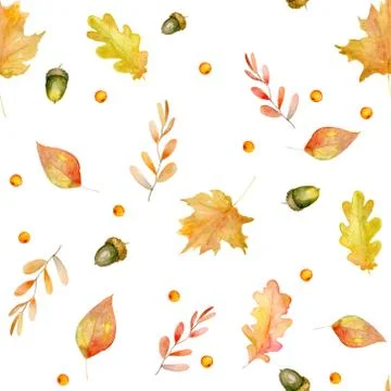 Autumn seamless pattern with dry yellow leaves, rowan berries and acorns Stock Illustration