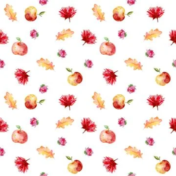 Autumn seamless pattern with dry yellow leaves, apple and flowers Stock Illustration