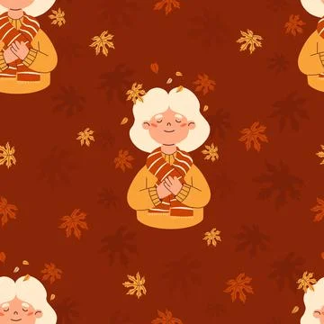 Autumn seamless pattern. Elderly Blonde Woman on Brown Background with fall.. Illustrazione stock