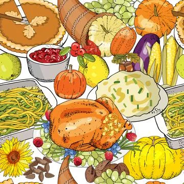Autumn seamless pattern of elements with thanksgiving symbols, cornucopia Stock Illustration