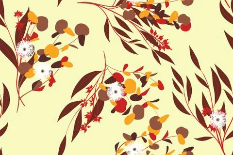 Autumn Seamless Pattern with Eucalyptus Leaves. Foliage Natural Branches. Dec Stock Illustration
