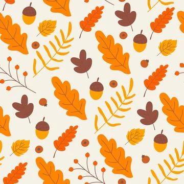 Autumn seamless pattern, fall leaf oak leaves with acorns in floral repeat 스톡 일러스트