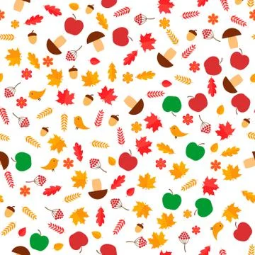 Autumn seamless pattern. Fall leaves, flowers, berries, mushrooms, acorns, bi Stock Illustration