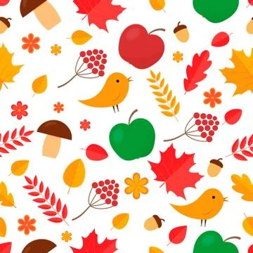 Autumn seamless pattern. Fall leaves, flowers, berries, acorns, birds, mushro Stock Illustration