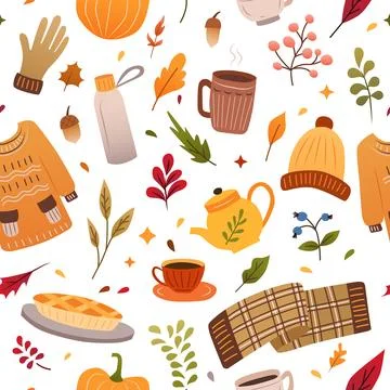 Autumn seamless pattern. Fall season autumn doodle elements. Hand drawn pum.. 스톡 일러스트
