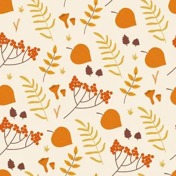 Autumn seamless pattern, fall tree branches, leaf berry flower in floral repeat Stock Illustration