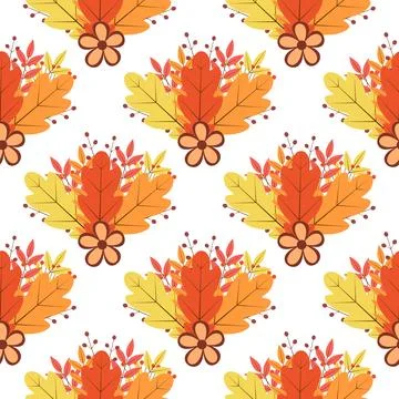 Autumn seamless pattern. Fall vector background. Colorful leaves, flowers, .. Stock Illustration