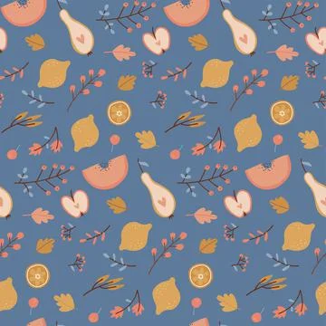Autumn seamless pattern. Falling leaves, apples, pears, lemon. Fall Harvesting Stock Illustration