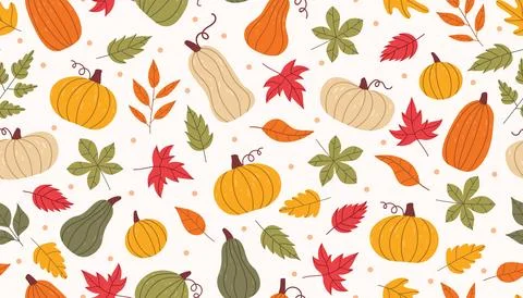 Autumn seamless pattern featuring colorful leaves and pumpkins. Cozy season.. Illustrazione stock