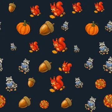 Autumn seamless pattern featuring cute red squirrels and raccoons on transp.. Stock Illustration