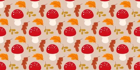 Autumn seamless pattern with fly agaric mushrooms and falling colorful leaves Stock Illustration