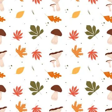 Autumn seamless pattern with forest mushrooms and colorful falling leaves Illustrazione stock
