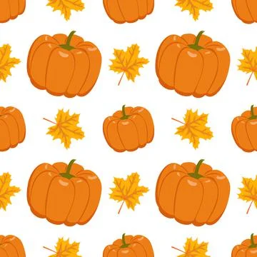 Autumn seamless pattern with ginger pumpkins and maple leaves Illustrazione stock