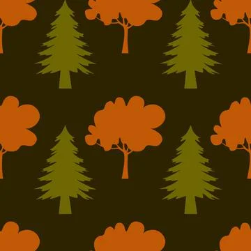 Autumn seamless pattern, green spruce and red deciduous tree, autumn forest,  Stock Illustration