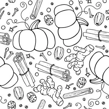 Autumn Seamless pattern. Hand draw Pumpkin and spice backdrop. Doodle vector Stock Illustration