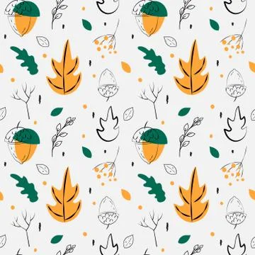 Autumn seamless pattern, hand drawn set of silhouettes of fall forest season in Stock Illustration