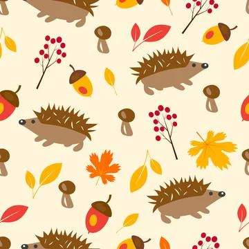 Autumn seamless pattern with hedgehog, leaves Stock Illustration