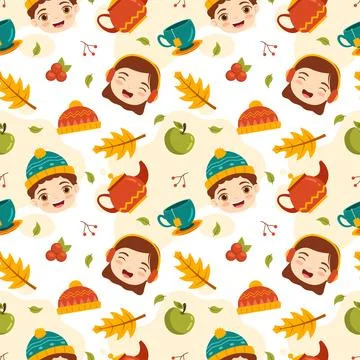 Autumn Seamless Pattern Illustration Element Panoramic of Maple Trees Falle.. 스톡 일러스트