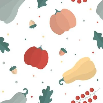 Autumn seamless pattern. Leaf fall. Texture of pumpkins, oak leaves, acorns a イラスト素材