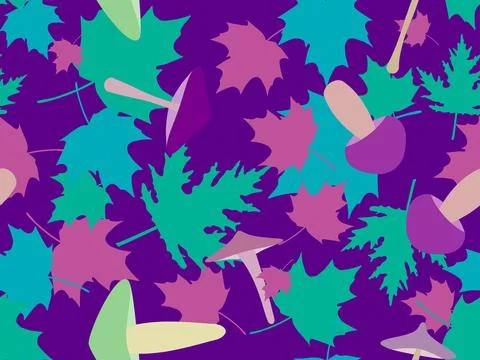 Autumn seamless pattern with leaves and mushrooms. Leaf fall, maple and oak.. Stock Illustration