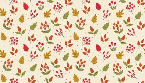 Autumn seamless pattern with leaves and branches with berries in flat style. Stock Illustration