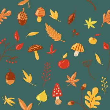 Autumn seamless pattern with leaves, cones, acorns, apples and mushrooms Stock Illustration