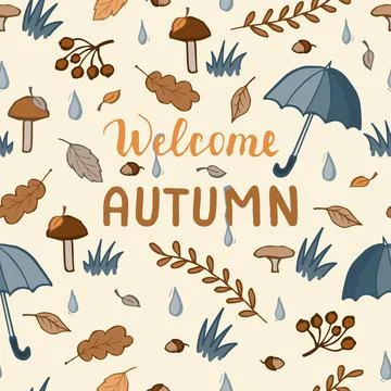 Autumn seamless pattern with lettering hand draw. Set of autumn elements leaves Stock Illustration