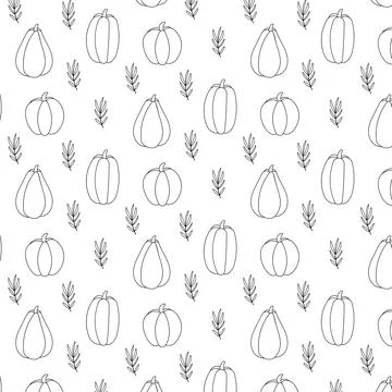 Autumn seamless pattern Linear pumpkin and leaves Illustrazione stock