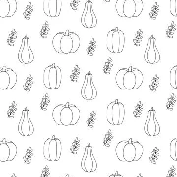 Autumn seamless pattern Linear pumpkin and leaves 스톡 일러스트
