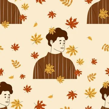 Autumn seamless pattern with man in brown sweater on light Beige background.. 스톡 일러스트