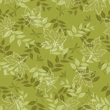Autumn seamless pattern with maple leaves and dragonfly on pastel green backg Stock Illustration