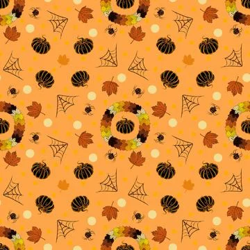 Autumn seamless pattern with maple leaves, pumpkins and cobwebs.  Stock Illustration