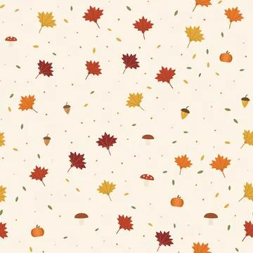 Autumn seamless pattern with maple leaves, acorns, pumpkins, mushrooms in flat Stock Illustration