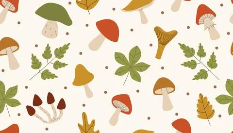 Autumn seamless pattern with mushrooms, leaves and dots on beige background. Illustrazione stock